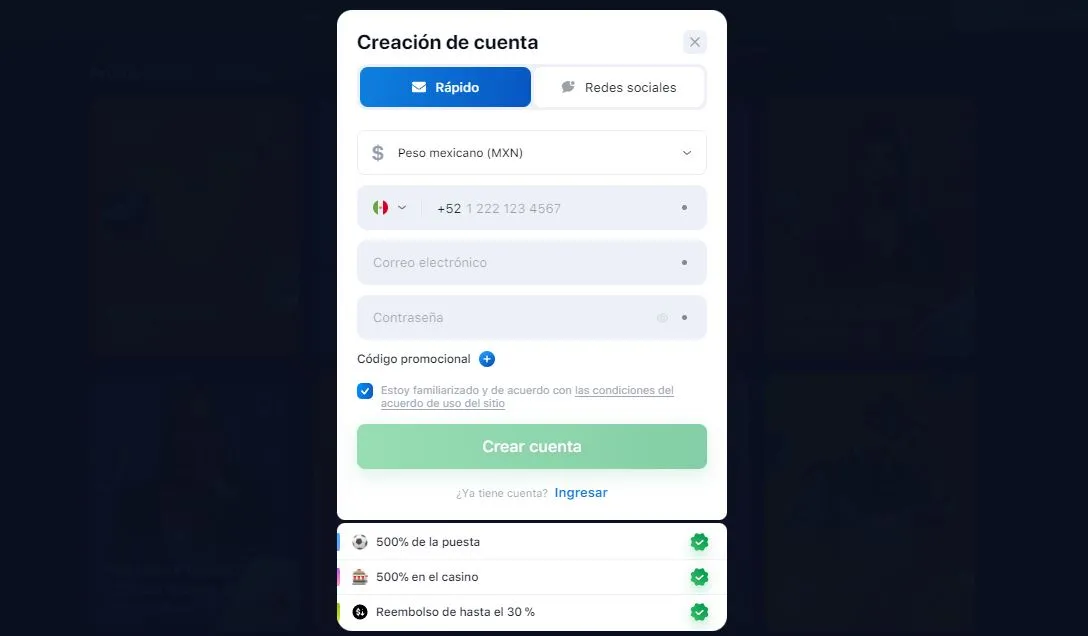 Registro en 1win